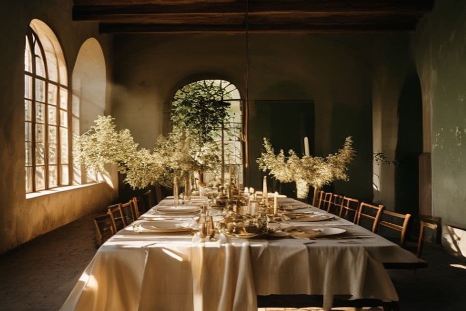Mesa larga de boda preparada en interior de masía al atardecer