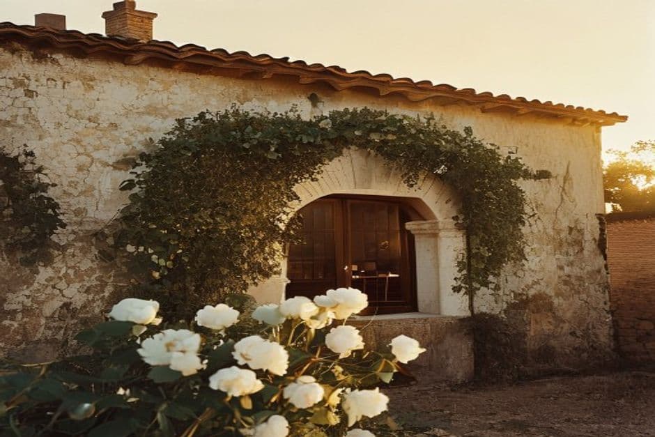 Masía catalana al atardecer preparada para celebración de boda
